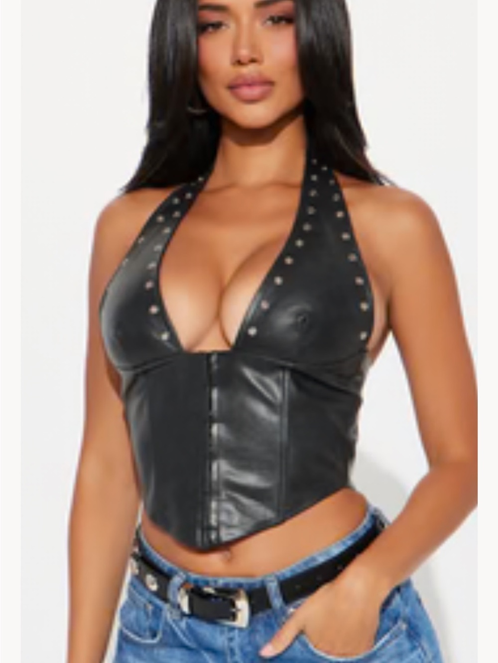 Fashion Nova Black Faux Leather Stud Halter Corset Crop Top